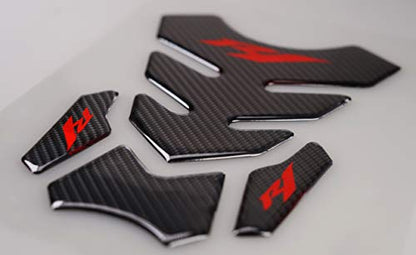 5D Real Carbon, Motorcycle Gas Tank Protector, Tank Pad Sticker, Tank Cap, Fuel Cap Decal, Top Clamp Triple Tree Pad with Keychain for R1, 4 Pcs Per Set