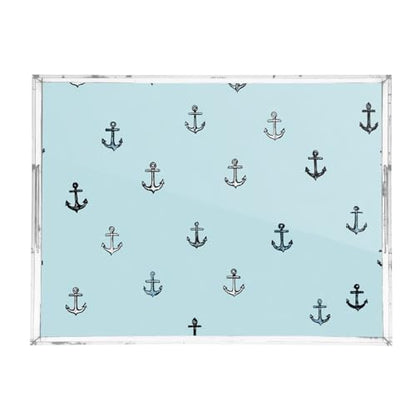 Acrylic Tray Clear Serving Vanity Ottoman Bathroom Coffee Table Countertop Organizer Raised Edge Spill Proof Nautical Anchors Blue - color: Nautical Anchors Blue