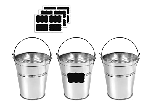 12 Metal Buckets with Chalkboard Stickers, Small Galvanized Pail for Party and Wedding, 5 Inch Tin Buckets, Garden Planters