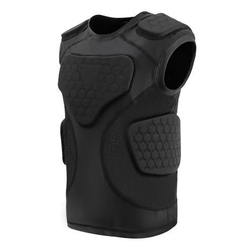 GUOZI Youth Football Padded Shirt with Chest Rib Shoulder Protectors | 5-Pad Impact Protection Compression Undershirt Vest With Heart Sternum For Football Baseball Lacrosse Paintball - size: Medium, style: Black