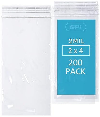 GPI - 2" x 4" Small Zip Bags, 200 Count, 2 Mil, Clear Plastic Reclosable Zipper Poly Baggies, with Resealable Zip Top Lock Seal, for Jewelry, Coins, Pills, Candy, Beads, Seeds & More.