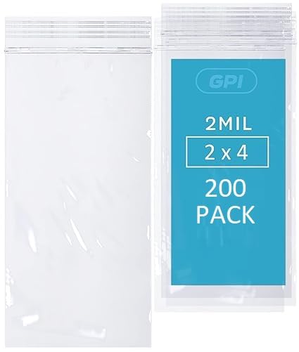 GPI - 2" x 4" Small Zip Bags, 200 Count, 2 Mil, Clear Plastic Reclosable Zipper Poly Baggies, with Resealable Zip Top Lock Seal, for Jewelry, Coins, Pills, Candy, Beads, Seeds & More.