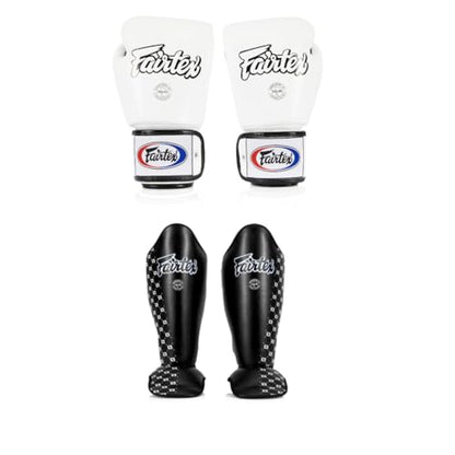 Fairtex BGV1 16 oz White Glove + SP5 Black Medium Shin Guards