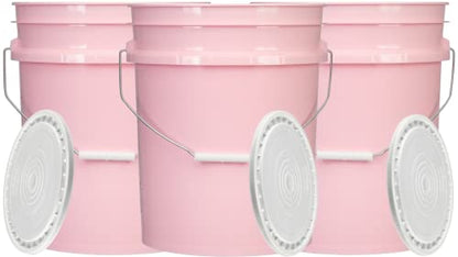 5 Gallon Pink Food Grade Plastic Storage Bucket with Lid Cover (Pack of 3) Made in USA (with White Easy Open Close Lids)
