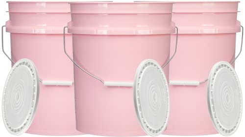 5 Gallon Pink Food Grade Plastic Storage Bucket with Lid Cover (Pack of 3) Made in USA (with White Easy Open Close Lids)