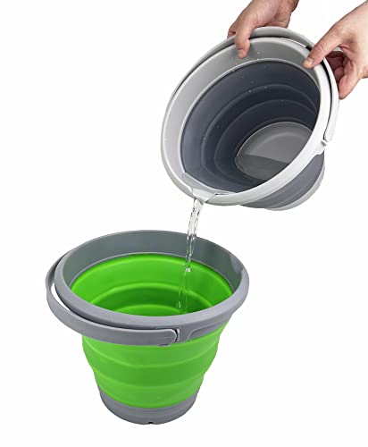 SAMMART 5.5L (1.4 Gallon) Collapsible Plastic Bucket with Lid - Foldable Round Tub with Lid - Portable Fishing Water Pail - Space Saving Outdoor Waterpot. (Grey/Bamboo Green)