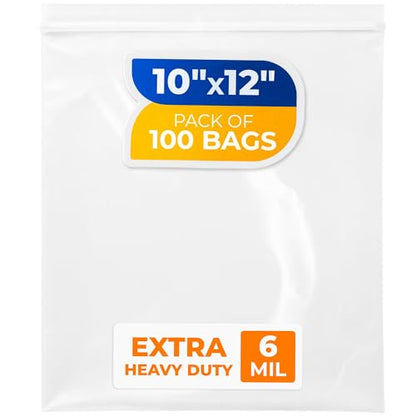 10" x 12" Reclosable Plastic Zip Bags, Pack of 100, 6 Mil Heavy-Duty Clear Poly Bags, Resealable for Food, Clothes, Hardware, Jewelry - size: 10"W x 12"H