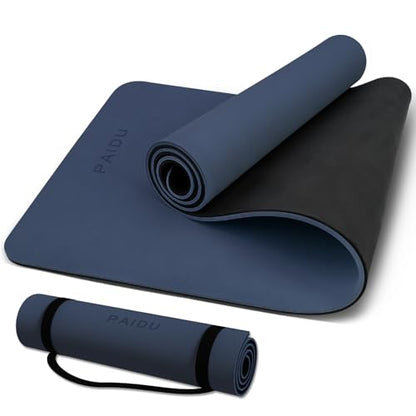 PAIDU POE Yoga Mat （10mm）Extra Thick Fitness Mat 72"x24" with Carry Strap | Non-slip, tear-resistant and suitable for all ages, perfect for yoga, Pilates, home gym and full-body workouts. - color: Navy blue & Black