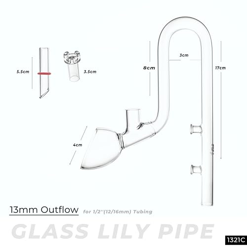 Aquarium Glass Lily Pipe,Unique Outflow Surface Skimmer.Ideal for Rimless Aquarium,1/2''(12/16mm) Tubing,C-Type Outflow 13mm/Standard.Item No.1321C.