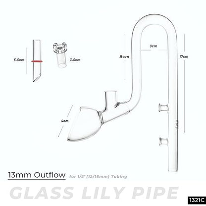 Aquarium Glass Lily Pipe,Unique Outflow Surface Skimmer.Ideal for Rimless Aquarium,1/2''(12/16mm) Tubing,C-Type Outflow 13mm/Standard.Item No.1321C.