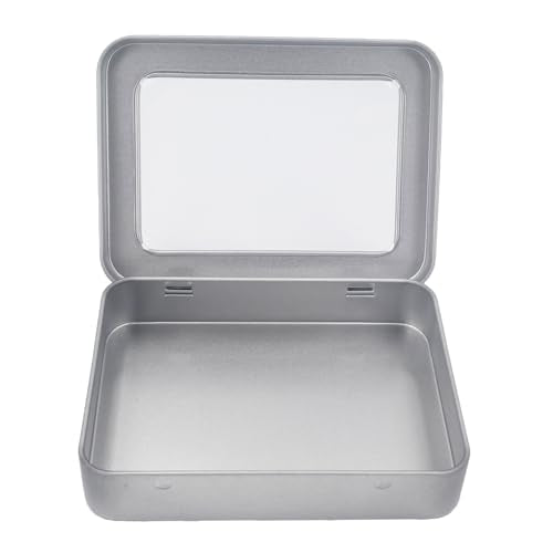 24 Pieces Rectangle Metal Tins Containers with Hinged Window Lids Mini Storage Organizer Set for Home Kitchen, Office and School Supplies, 4.5 x 3.3 x 0.9 inch (Silver)