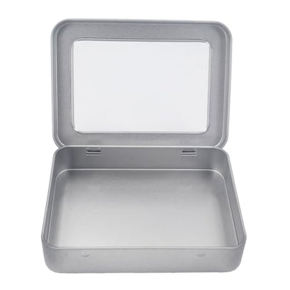 24 Pieces Rectangle Metal Tins Containers with Hinged Window Lids Mini Storage Organizer Set for Home Kitchen, Office and School Supplies, 4.5 x 3.3 x 0.9 inch (Silver)