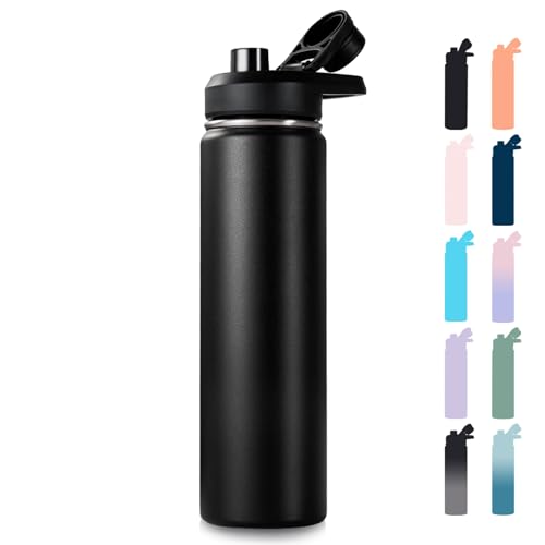 Fijinhom Insulated Water Bottle with Handle, 304 Stainless Steel Water Bottles with Wide Mouth, Double Wall Vacuum Sports Water Bottle, BPA Free, Keep Cold and Hot, 24 Ounces, Black - color: Black, size: 24 Ounces