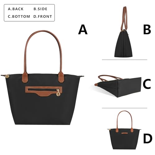 Waterproof Nylon Tote bag for Women Lightweight Designer Handbag with Zipper Stylish and Durable Purse - color: Black, size: Large