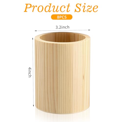 8-Pack Wood Pen Holder, 4 Inch Round Pencil Holder, Desk Organizer Cups, Unfinished Brown Pine Wood Craft Cylinders for DIY, Makeup Brushes, Utensils