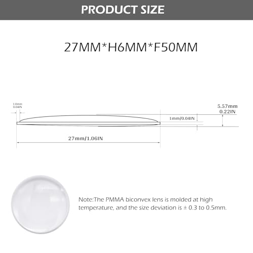 Double Convex Lens - 27mm Diameter, 50mm Focal Length, Optical biconvex Lens for Physics Experiments, Photography, Magnifying, and DIY Projects - Pack of 5pcs (27mm x H6mm x F50) - size: 27mm x H6mm x F50