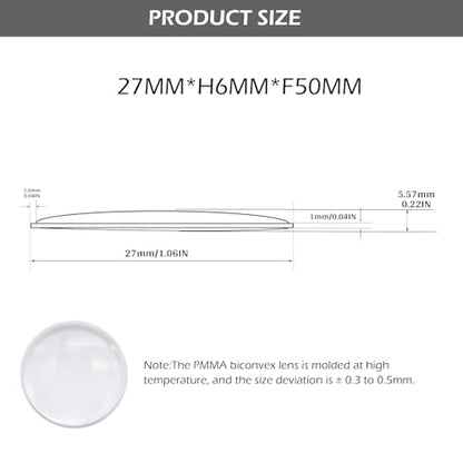 Double Convex Lens - 27mm Diameter, 50mm Focal Length, Optical biconvex Lens for Physics Experiments, Photography, Magnifying, and DIY Projects - Pack of 5pcs (27mm x H6mm x F50) - size: 27mm x H6mm x F50