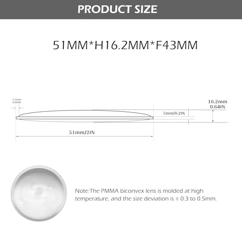Double Convex Lens - 51mm Diameter, 43mm Focal Length, Optical biconvex Lens for Physics Experiments, Photography, Magnifying, and DIY Projects - Pack of 1pcs (51mm x 16.2mm x F43) - size: 51mm x 16.2mm x F43