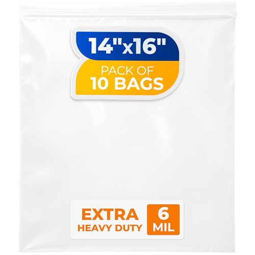 14" x 16" Reclosable Plastic Zip Bags, Pack of 10, 6 Mil Heavy-Duty Clear Poly Bags, Resealable for Food, Clothes, Hardware, Jewelry - size: 14"W x 16"H