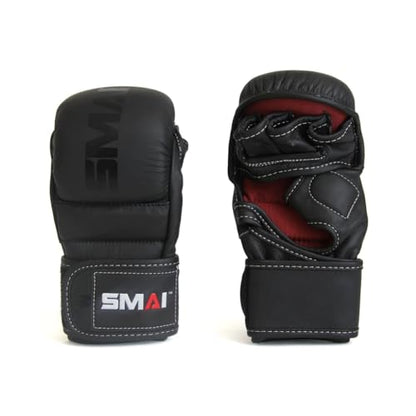 SMAI Leather Hybrid MMA Sparring Gloves: Premium Leather for Kickboxing, Cage Fight, Striking, Grappling, Martial Arts, and Heavy Bag Training. Open-Palm Design for Men and Women. - size: Medium