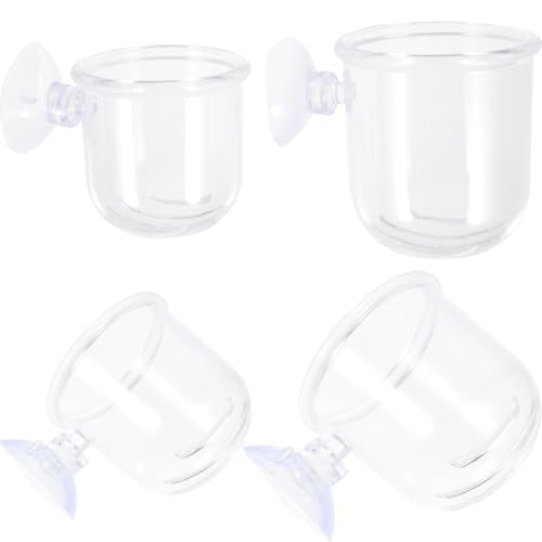 ULTECHNOVO 4pcs Glass Fish Feeder Cups with Suction Cups, Aquarium Feeding Dish Set for Betta and Shrimp Tanks, Small and Large Sizes, Aquarium Accessory for Controlled Fish Food Dispensing