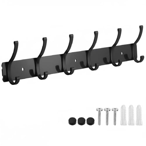 Wall Mount Coat Rack 1 Pack, Black Coat Hooks Hanger with 6 Double Hooks - color: Black, size: 1 Pack(6 hooks)