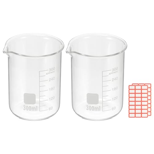 PATIKIL 300ml Glass Beaker, 2 Pack Measuring Glass Beaker Graduated Borosilicate Lab Cups Mug Low Form Heat Safe Transparent with Spout Label for Laboratory Science Kitchen Liquids - size: 300ml