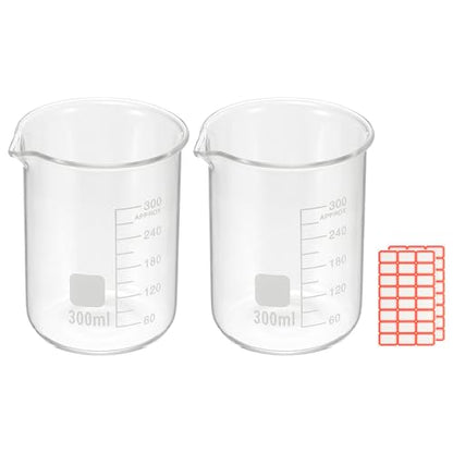 PATIKIL 300ml Glass Beaker, 2 Pack Measuring Glass Beaker Graduated Borosilicate Lab Cups Mug Low Form Heat Safe Transparent with Spout Label for Laboratory Science Kitchen Liquids - size: 300ml