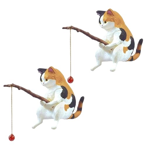 GANPUB 2Pcs Cat Fishing Figurine, Cute Cat Statue Decor, Resin Mini Fish Tank Decorations Craft Sculpture for Aquarium Tanks Desk Yard Pond Indoor Outdoor