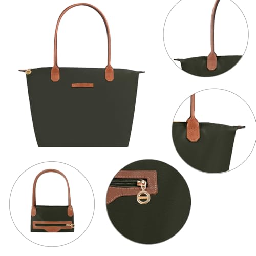 Waterproof Nylon Tote bag for Women Lightweight Designer Handbag with Zipper Stylish and Durable Purse - color: Dark Green, size: Medium