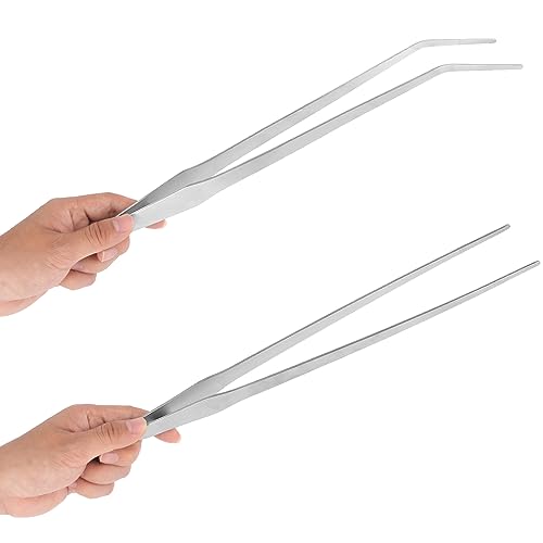 Aquarium Tweezers Extra Long 15 inches Feed Tong clamps - FEITA Straight and Curved Stainless Steel 38cm Tweezers Set for Fish Tank Plants Aquascape Tools & Reptile Feeding Tongs - Sliver 2Pcs