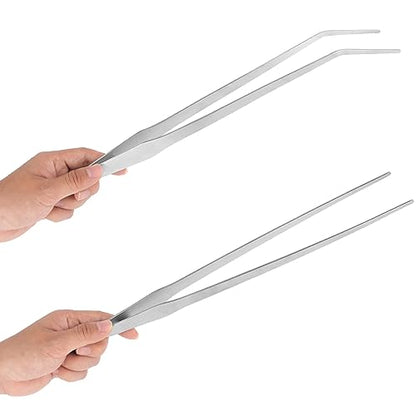 Aquarium Tweezers Extra Long 15 inches Feed Tong clamps - FEITA Straight and Curved Stainless Steel 38cm Tweezers Set for Fish Tank Plants Aquascape Tools & Reptile Feeding Tongs - Sliver 2Pcs