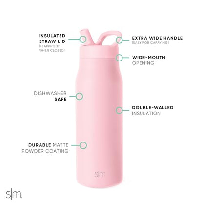 Simple Modern Insulated Water Bottle with Manual Straw | 34oz | Pink - color: Blush, style: 34oz