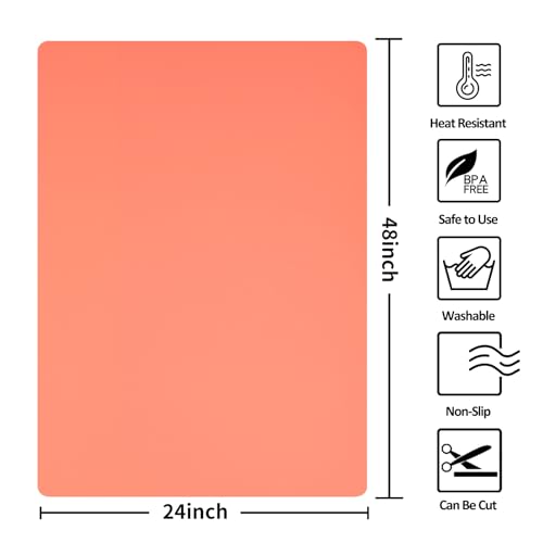 Silicone Mat Heat Resistant Mats for Countertop, Large Silicone Mats for Kitchen Counter Crafts Workbench Table, Size 48x24 inches Thick 2mm,Rolled Package,Coral