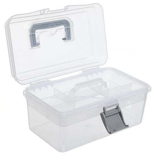 MyGift 10.2 Inch Transparent Plastic Empty Multipurpose Tackle Box with Gray Handle and Removable Tray for Tools, First Aid, Sewing Kit, Arts Crafts Supplies Storage