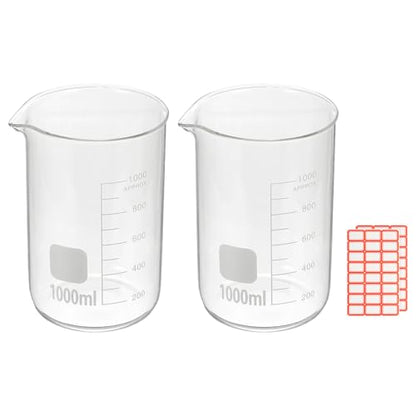 PATIKIL 1000ml Glass Beaker, 2 Pack Measuring Glass Beaker Graduated Borosilicate Lab Cups Mug Low Form Heat Safe Transparent with Spout Label for Laboratory Science Kitchen Liquids - size: 1000ml