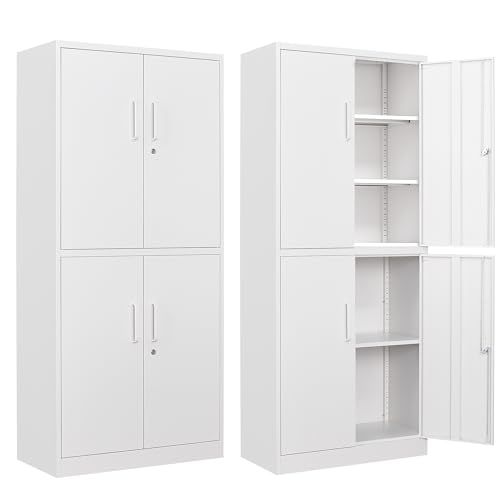 Metal Storage Cabinet with Lock Door, Adjustable Shelf Steel Cabinets for Office, Home,Pantry,Kitchen,Garage Utility Cabinet (4 Door-White) - color: White, size: 4 Door