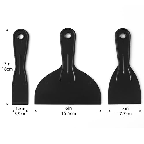 Plastic Putty Knife Set - 3Pcs Black Plastic Scraper Tool, 1.5"/3"/6" Sizes Spackle Knife for Spackling, Painting, Drywall, Arts and Crafts, Tile Jobs, Tamale Making