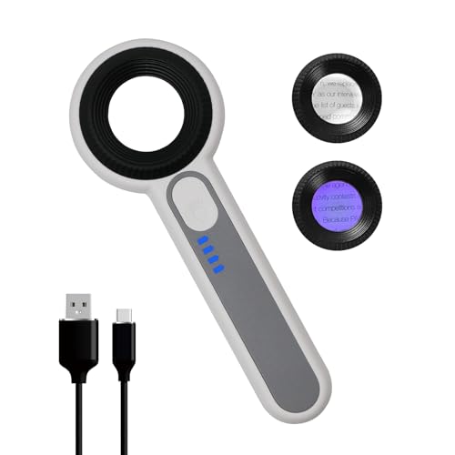 Handheld Magnifier 60X with UV&LED Lights Jeweler Loups Magnifying Glass with 30mm Optical Lens, Touch Light Control, Battery LED Indicator, Rechargeable Loupe Magnifier for Gemstones Watches Plants - size: 60X with Touch Light