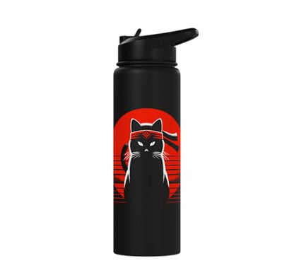 Japanese Cats Lovers And Cool Fighting Ninja Cat Fighter Stainless Steel Insulated Water Bottle - color: Black