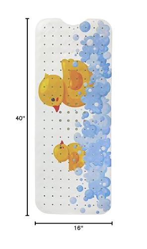 Kids Bath Mat 40x16 – Non-Slip Tub Bathmat Duck Print with Suction Cups & Drain Holes for Safe, Fun Bathtub Bath Time for Toddlers (40x16 Duck) - color: Duck Print
