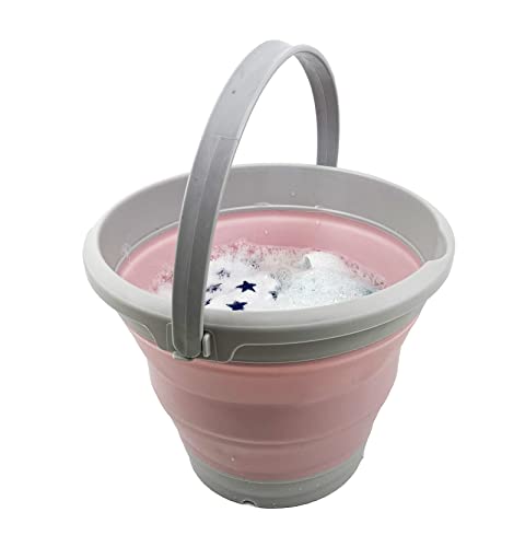 SAMMART 5.5L (1.4 Gallon) Collapsible Plastic Bucket - Foldable Round Tub - Portable Fishing Water Pail - Space Saving Outdoor Waterpot (Grey/Pale Pink)
