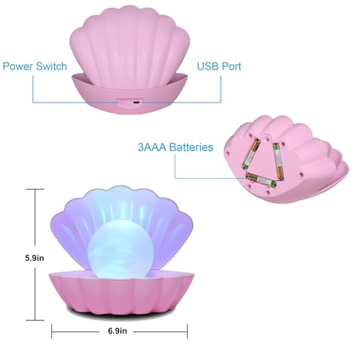 Shell Pearl Beach Themed Night Light, RGB 8 Colors Changing Mood Shell Pearl Lamps, Bedside LED Clamshell Portable Night Lights for Bar (Pink) - color: Pink