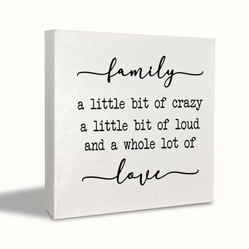 KEUSPI Farmhouse Desk Decor,Family a Little Bit of Crazy Rustic Family Wood Block Plaque Box Sign Desk Decor for Home Living Room Wall Tabletop Shelf Decorations 6x6