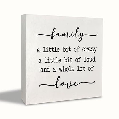 KEUSPI Farmhouse Desk Decor,Family a Little Bit of Crazy Rustic Family Wood Block Plaque Box Sign Desk Decor for Home Living Room Wall Tabletop Shelf Decorations 6x6