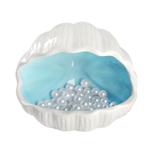 Cute Betta Fish Tank Accessory Decorations Ceramic Conch Shell-Shaped House Aquarium Decor Thematic Ornament Hideout Cave for Shrimp Fish Playing or Hiding (Blue, Small with 50pcs Pearl)