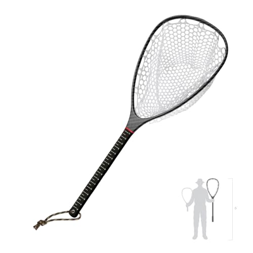 Riverruns Fly Fishing Landing Net Carbon Fiber Trout Net with Measurement Handle, Soft Rubber Mesh - 26" Standard (Wading) / 37" Long (Kayak) - color: 37" Kayak Net (Long) - Black 3K Woven