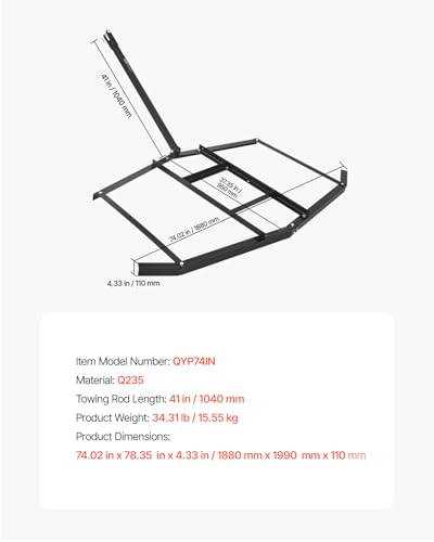 VEVOR Drag Harrow, 74" Width Tow Behind Drag Harrow, Q235 Steel Driveway Grader with Adjustable Bars & Pin Hitch, Support up to 50 lbs, Tractor Driveway Harrow for ATVs, UTVs, Garden Lawn Tractors