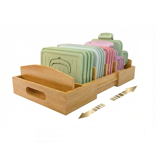 Lid Organizer for Cabinet – Bamboo Kitchen Storage for Plastic Lids, Adjustable Drawer Dividers, Food Container Organizer (Fits Cabinets & Drawers) (Large)