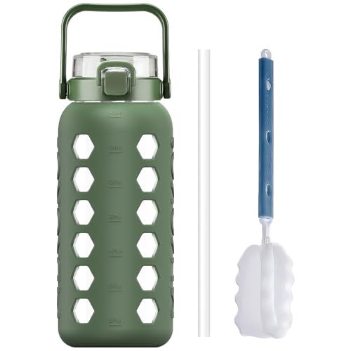 Half Gallon/64 oz Glass Water Bottles with Straw and Lid,Motivational Water Jug with Time Marker Reminder and Silicone Sleeve,100% Leakproof BPA Free Fitness Sports Large Bottle-Olive